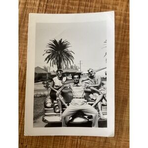 Vintage 1951 Black White Photo People on Classic Car Palm Trees California 3.5x5